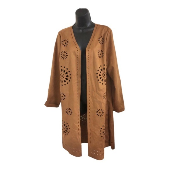 Brown boho laser cut faux suede overcoat topper jacket‎ size large new - Picture 1 of 17